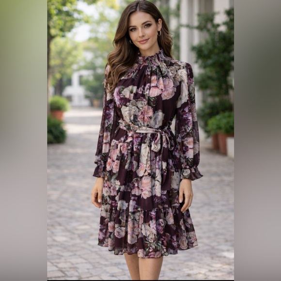 Alex Marie Dresses & Skirts - Alex Marie 14 Burgundy Plum Gray Long Sleeve Dress Stretch Career Church NEW